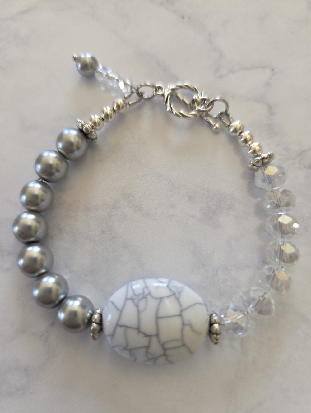 Silver Tone and White Marbled Bead Bracelet - Women Jewelry